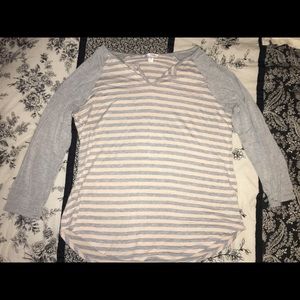 three quarter sleeve pink and gray striped shirt